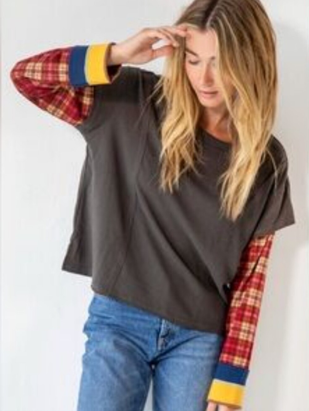 NATURAL LIFE Layered Look Mixed Media Flannel Long Sleeve T-shirt Sz M